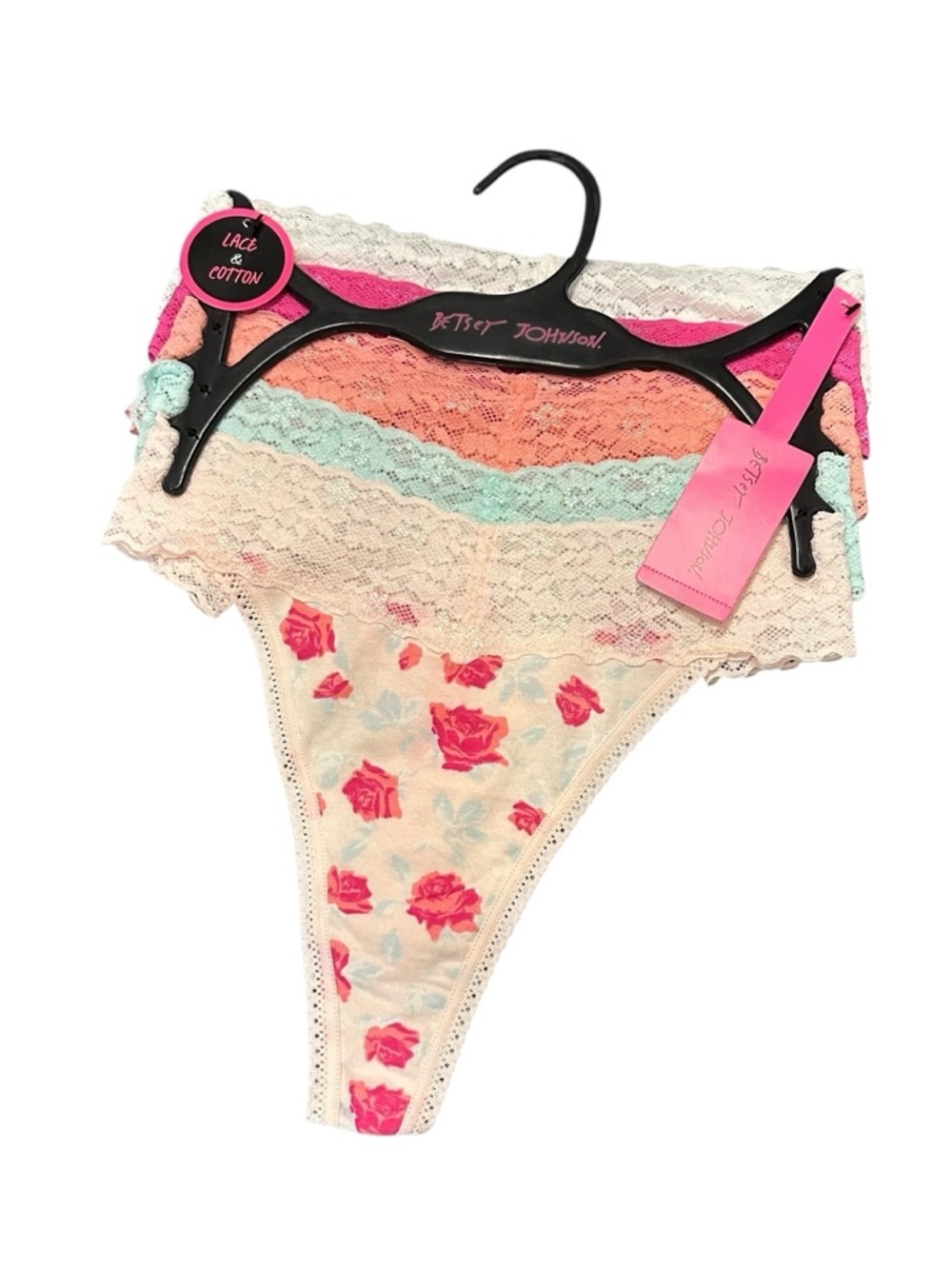 New Betsey Johnson 5-Pack Cotton and Lace Thong Panties